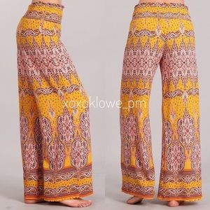 Marigold Kitsch Motif Wide Leg Palazzo Pants